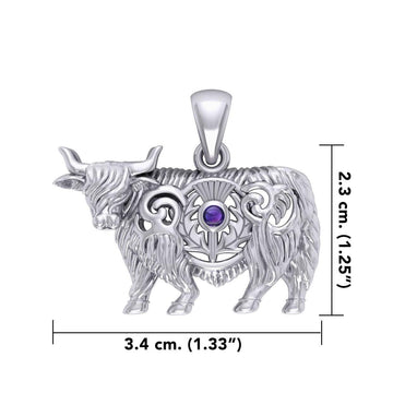 Highland Cow with Thistle and Gemstone Silver Pendant TPD6141 - Jewelry